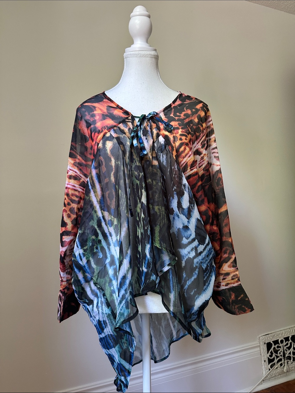 SIMON CHANG Y2K Sheer Animal Print Boho Tie Front‎ Bathing Suit Cover Up Medium